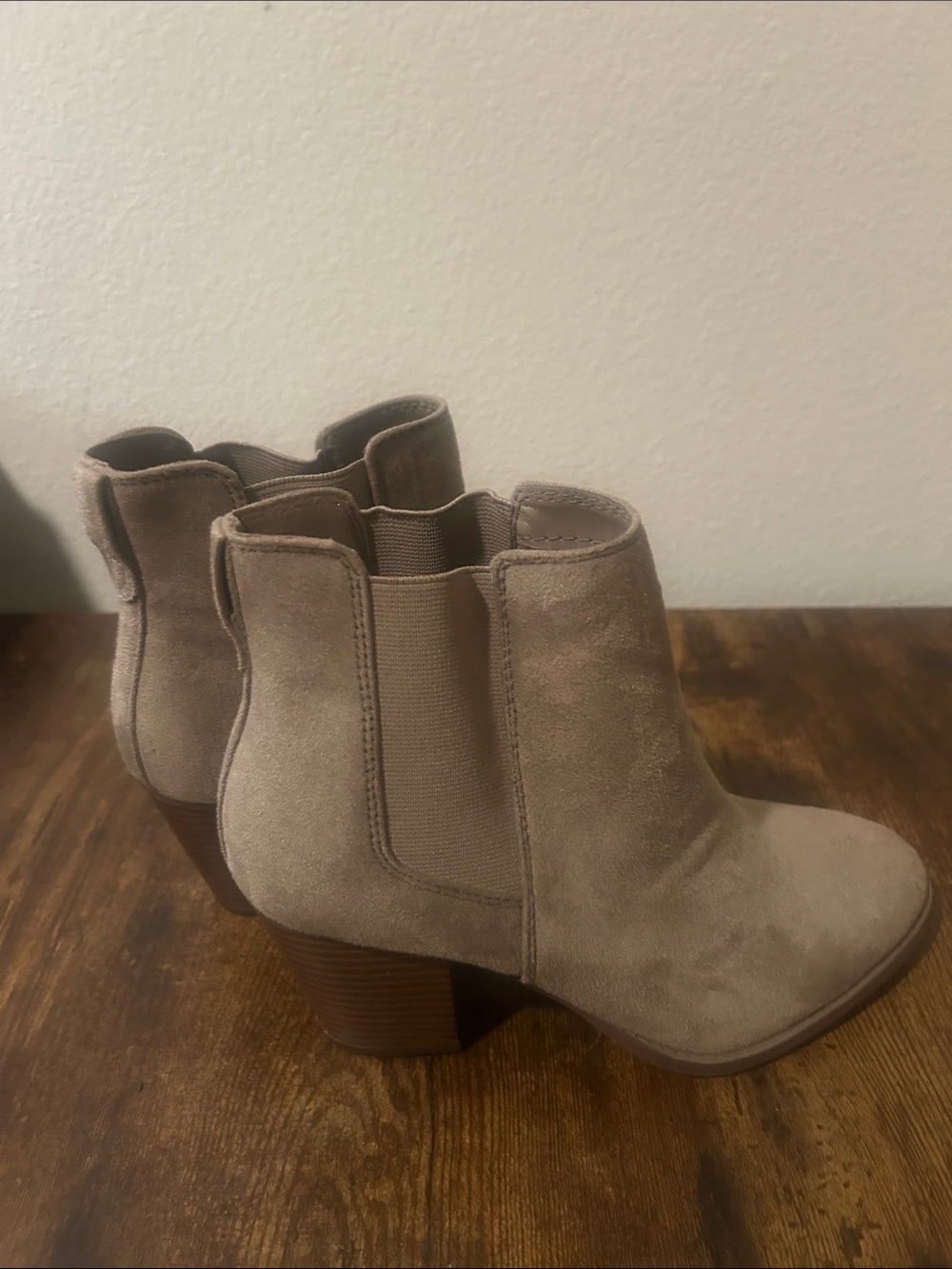 Soda Taupe Suede Ankle Booties with Stacked Heel